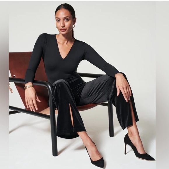 SPANX Velvet Split Hem Wide Leg Pant Very Black Slimming Comfort Size Small - Picture 14 of 14